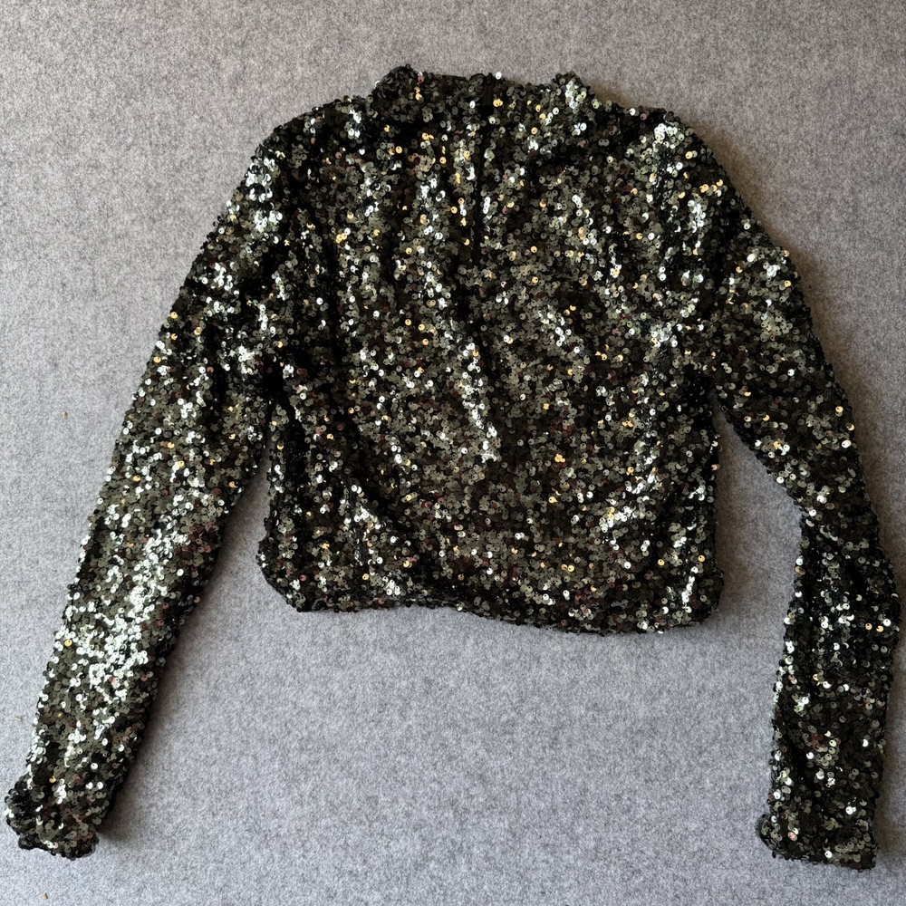DKNY Jeans Sequin Crop Top Medium Black Shimmer Mock Neck Long Sleeve